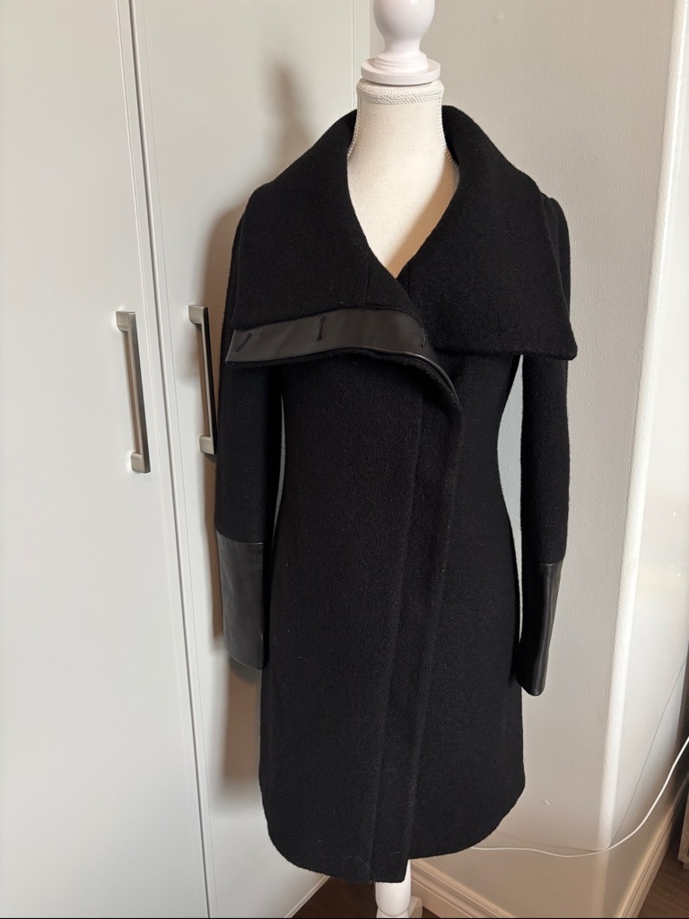 Club Monaco Black Wool Coat with Leather Cuff Detail